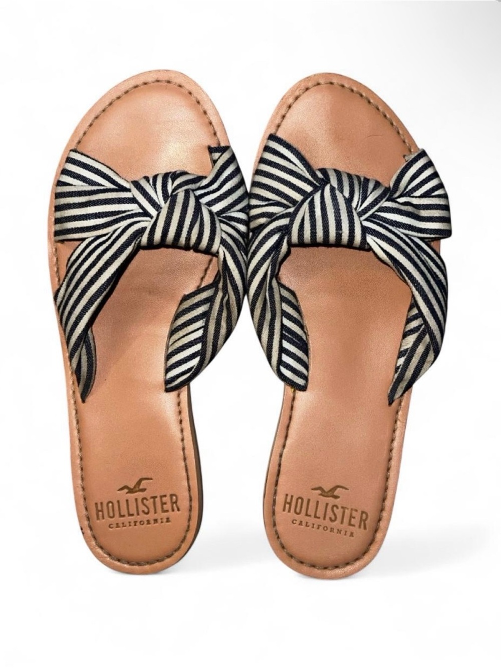 Hollister Women's Tan Slide Sandals with Black & White Striped Bow 6